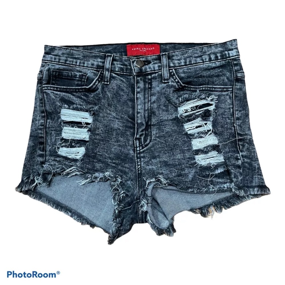 Akira Chicago Red Label Black Acid Wash Denim Shorts M Waist 29” Rise 10” EUC - Picture 1 of 8
